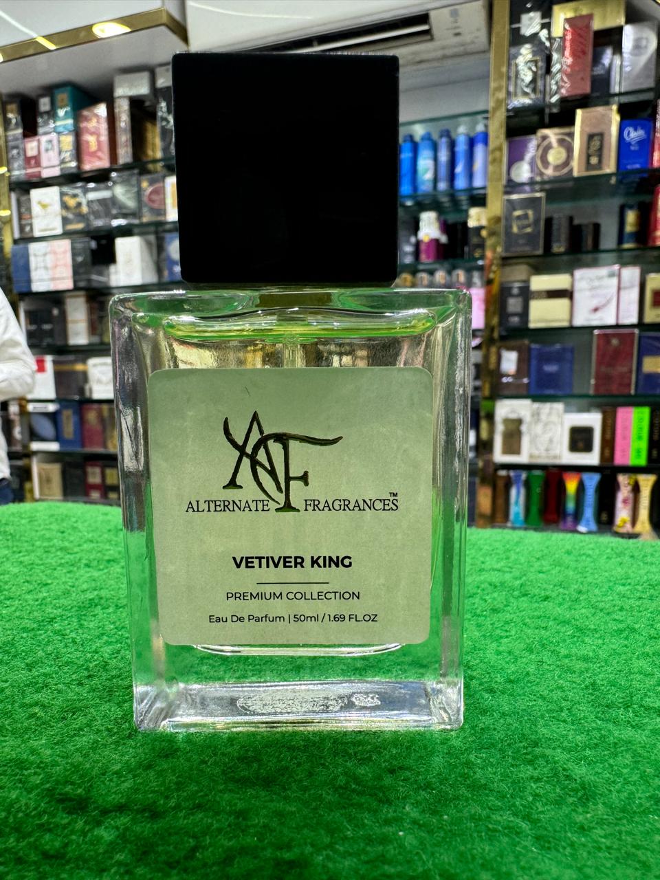 VETIVER KING EDP 50ml by Rini Deals, fragrance bottle with a sleek design and gold accents, on a white background.
