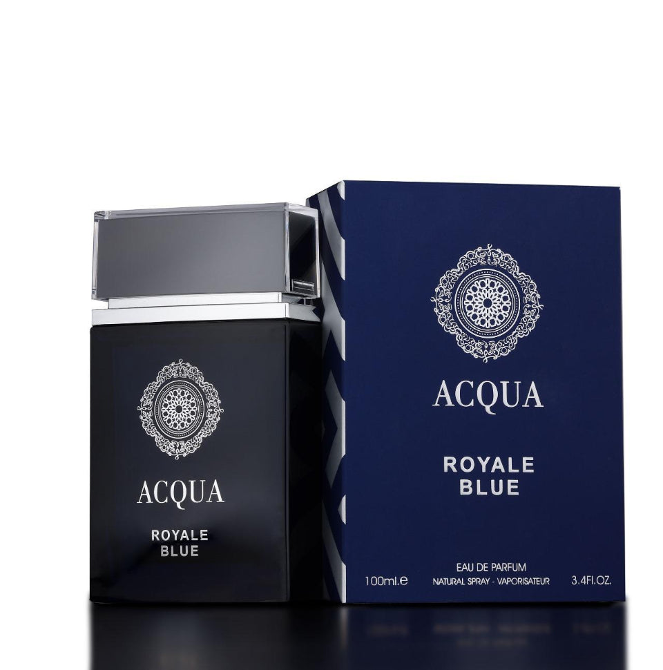 Fragrance World Acqua Royale Blue men's Eau de Parfum bottle, 100ml, with sleek blue packaging and elegant design.