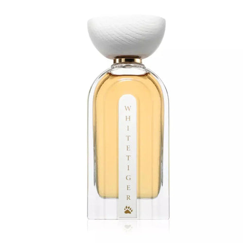 White Tiger Eau de Parfum by Ahmed Al Maghribi in a 100ml bottle, featuring a sleek white tiger-themed packaging.