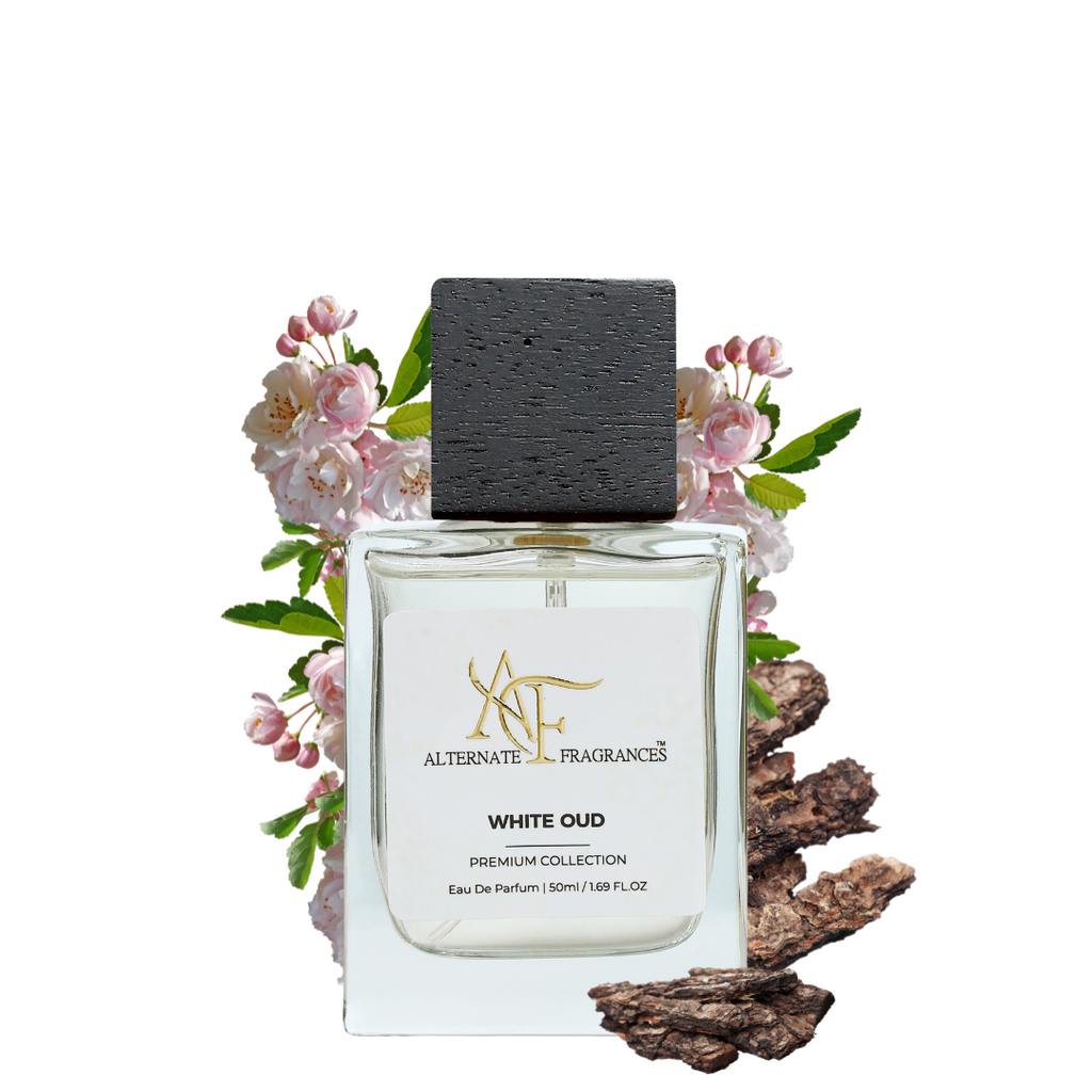 White Oud EDP bottle by Rini Deals with elegant white packaging and a sleek design, showcasing a luxurious fragrance.