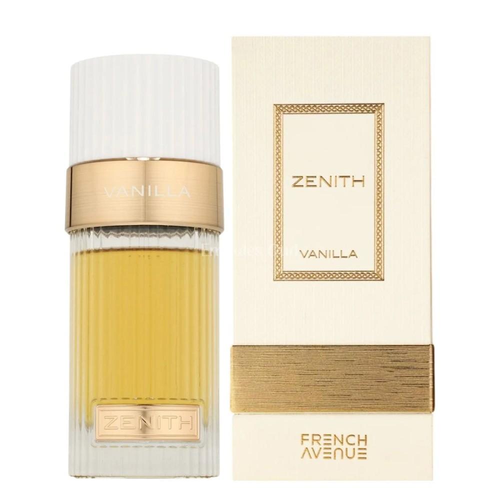 French Avenue Zenith Vanilla unisex Eau de Parfum bottle with clear glass and beige label, 100mL size, elegant design.