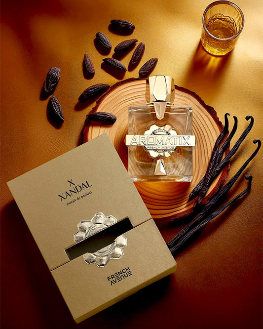 French Avenue Aromatix X Xandal men's parfum bottle with sleek design and elegant label for sophisticated fragrance.