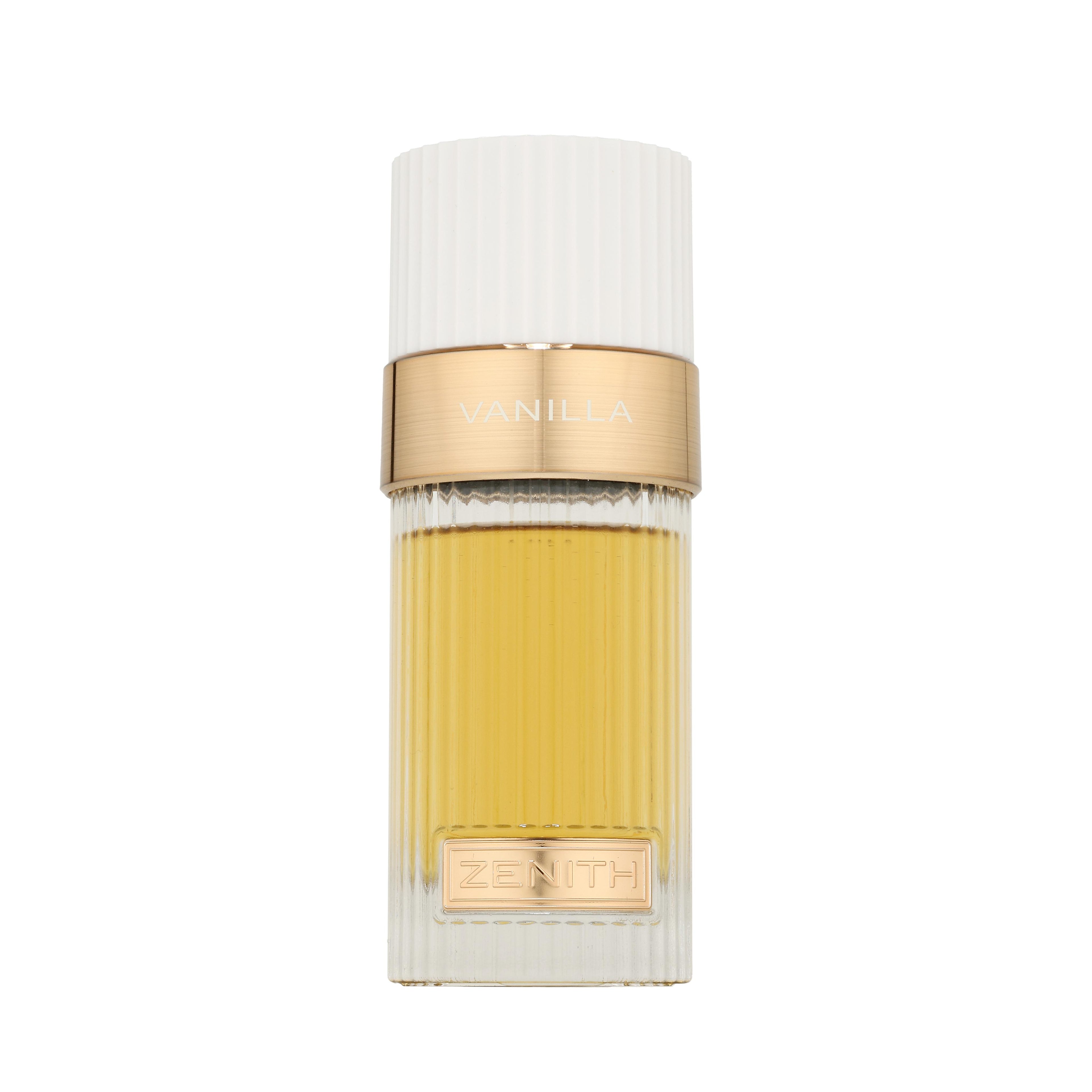 French Avenue Zenith Vanilla unisex Eau de Parfum bottle with minimalist label and clear glass, showcasing the elegant fragrance.