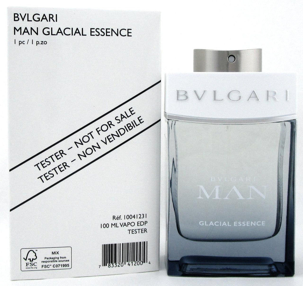 Bvlgari Man Glacial Essence Eau De Parfum tester bottle, 100ml with sleek design and silver accents, displayed on a neutral background.