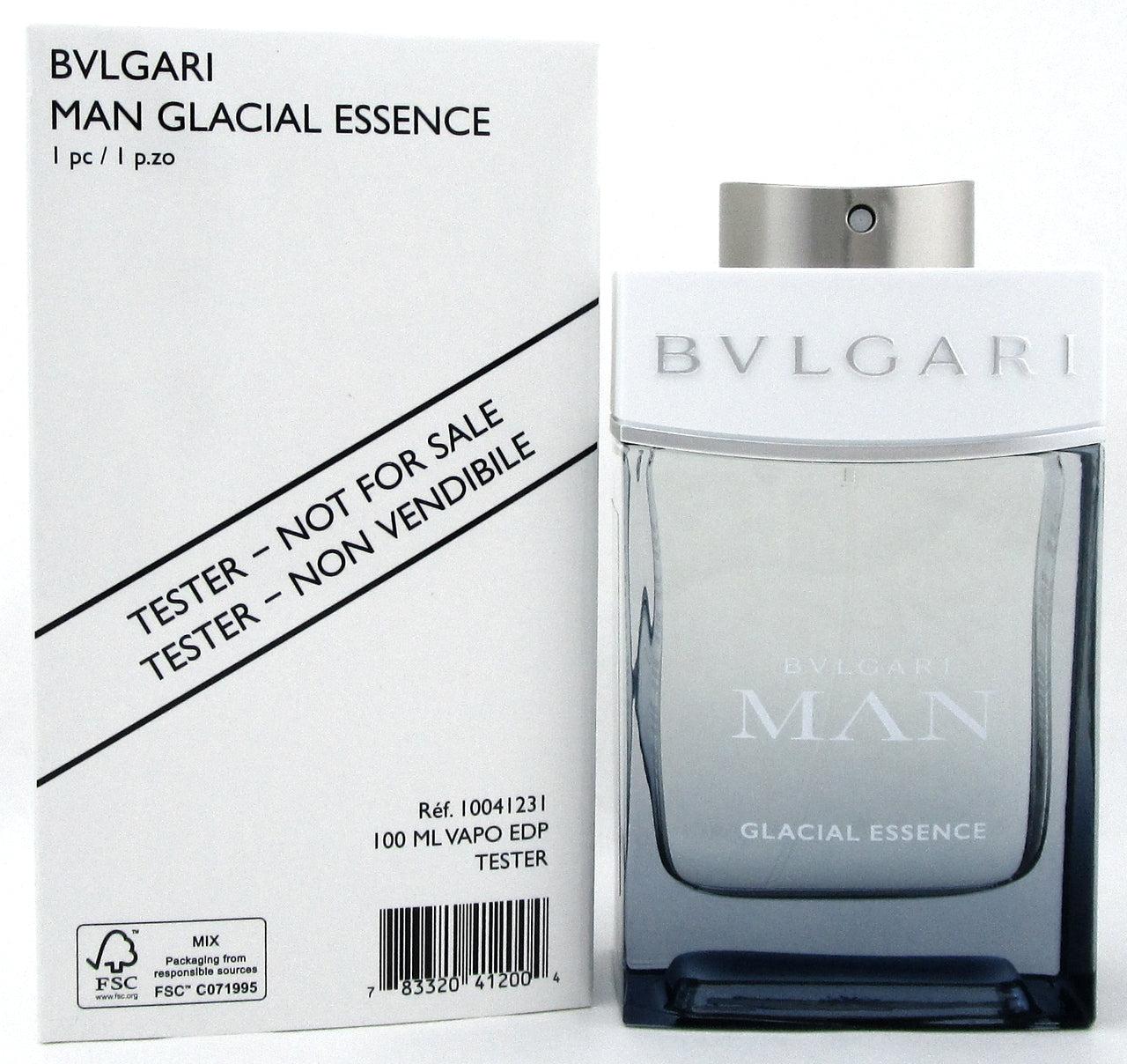 Bvlgari Man Glacial Essence Eau De Parfum tester bottle, 100ml with sleek design and silver accents, displayed on a neutral background.