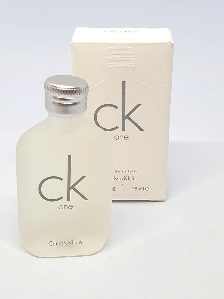 Miniature Calvin Klein CK One unisex eau de toilette, 15ml, showing the transparent bottle with minimalist branding.