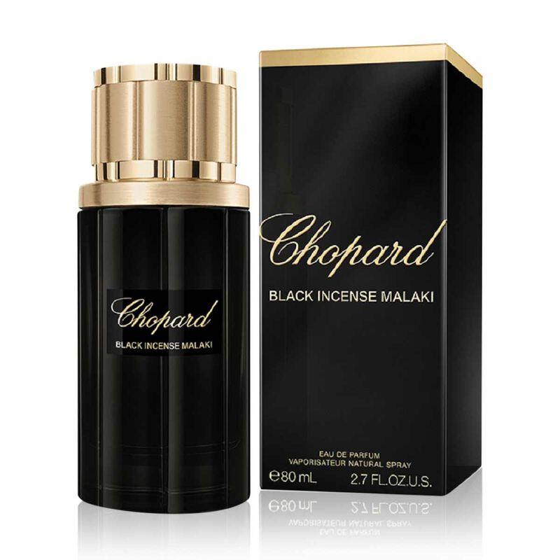 Chopard Black Incense Malaki Eau de Parfum bottle with black and silver design, 80ml unisex fragrance on a neutral background.