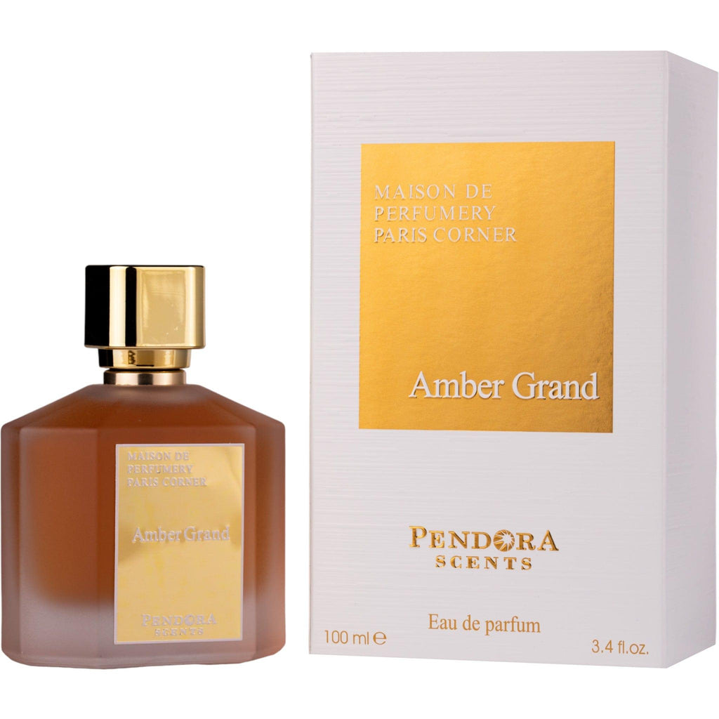 Pendora Amber Grand Eau de Parfum for Men bottle, 100ml, featuring elegant amber-colored glass and sleek black cap.
