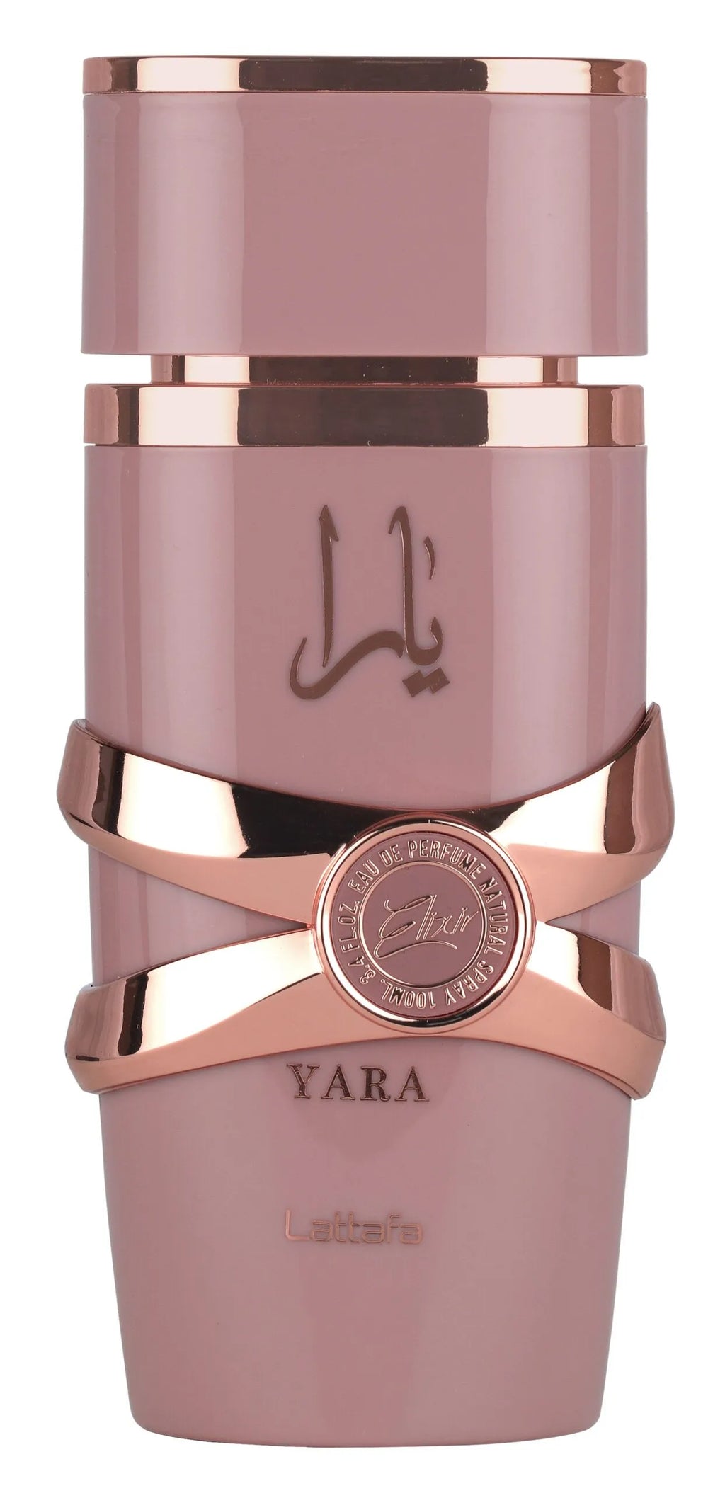 Lattafa Yara Elixir Eau De Parfum bottle for women, featuring elegant glass design and a gold cap, 100ml perfume.