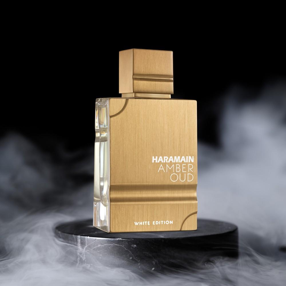 Al Haramain Amber Oud White Edition 100ml men’s Eau de Parfum bottle with elegant white packaging and gold accents.