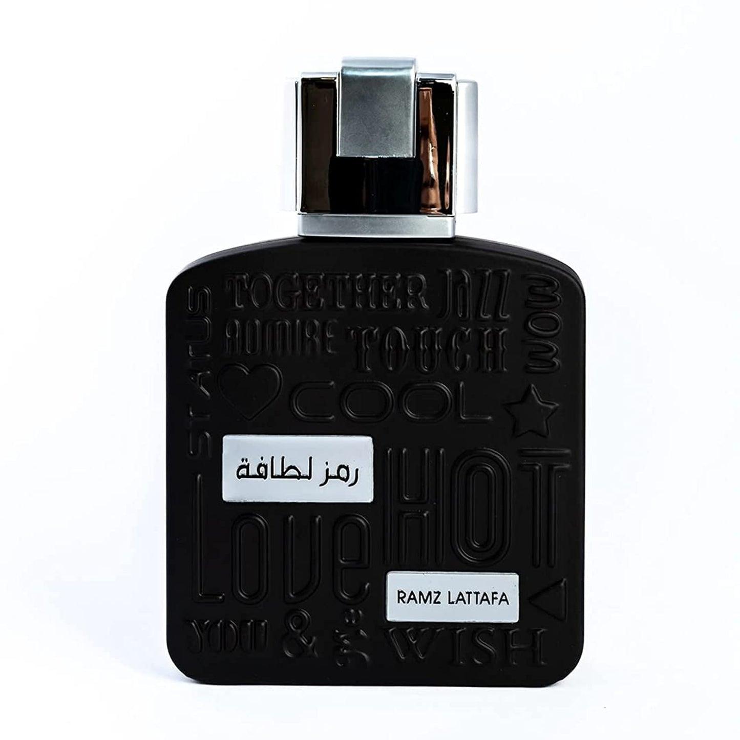 Lattafa Ramz unisex Eau De Parfum bottle, 100ml, with elegant packaging and distinctive branding visible.