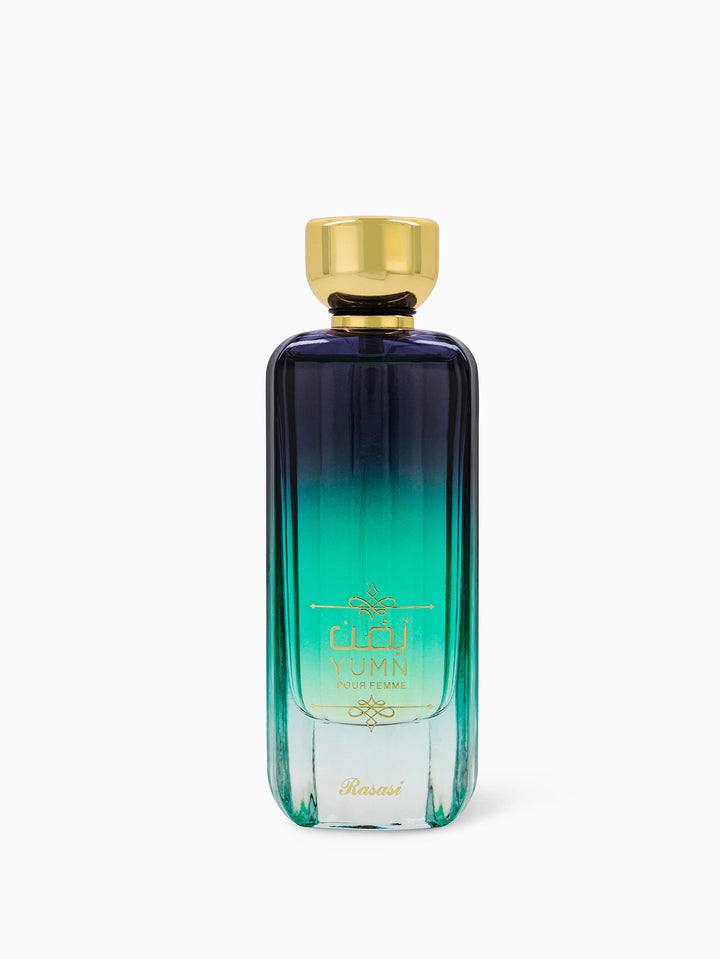 Rasasi Yumn Pour Femme Eau De Parfum 100ml bottle, elegant glass design with floral and fruity fragrance accents.
