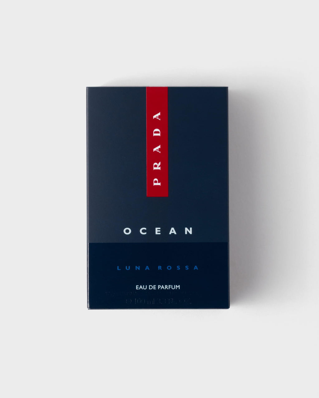 Prada Luna Rossa Ocean men's perfume bottle with sleek blue design, 100ml size, displayed on a neutral background.