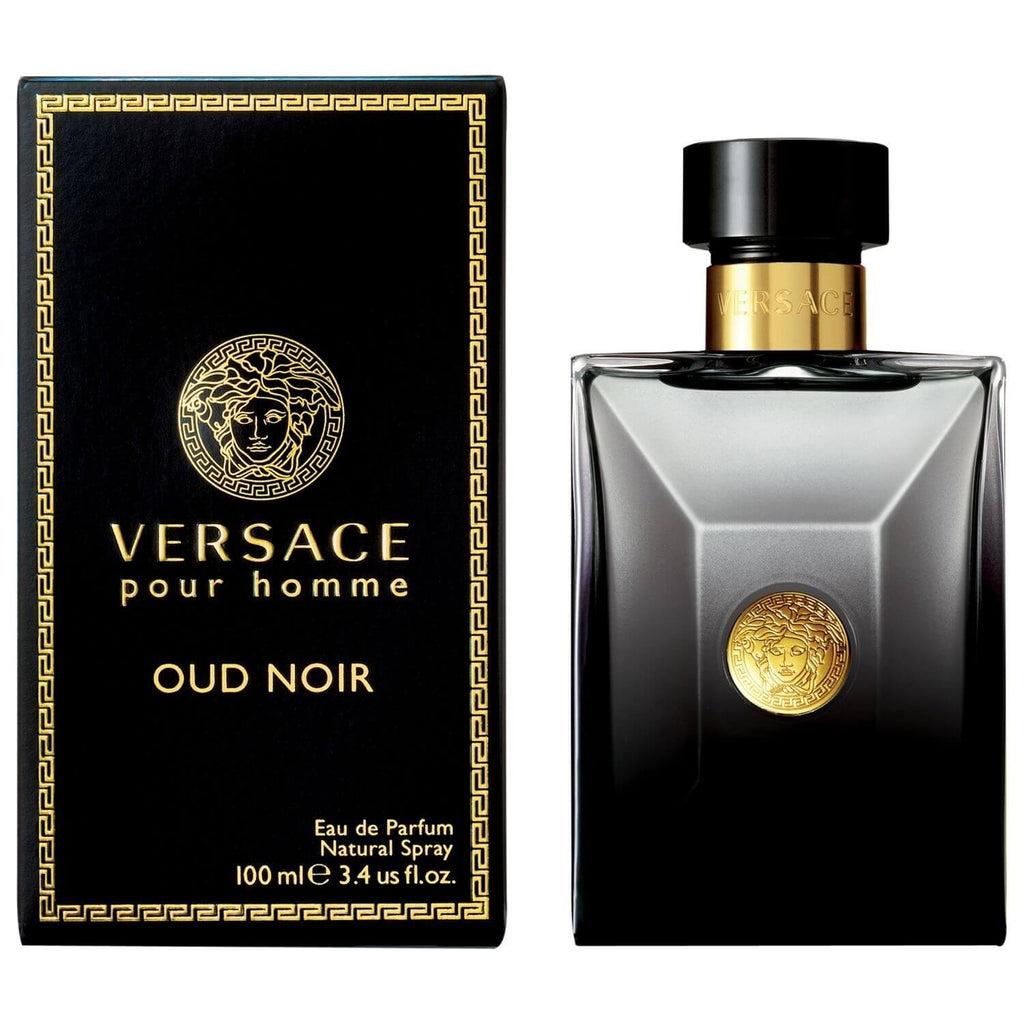 Versace Oud Noir Eau De Parfum for Men in 100ml bottle, featuring a sleek black design and luxurious fragrance.