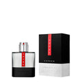 Prada Luna Rossa Carbon men's Eau De Toilette bottle with sleek black and silver design, 100ml size, on a neutral background.