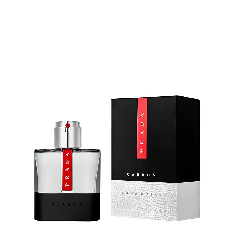 Prada Luna Rossa Carbon men's Eau De Toilette bottle with sleek black and silver design, 100ml size, on a neutral background.