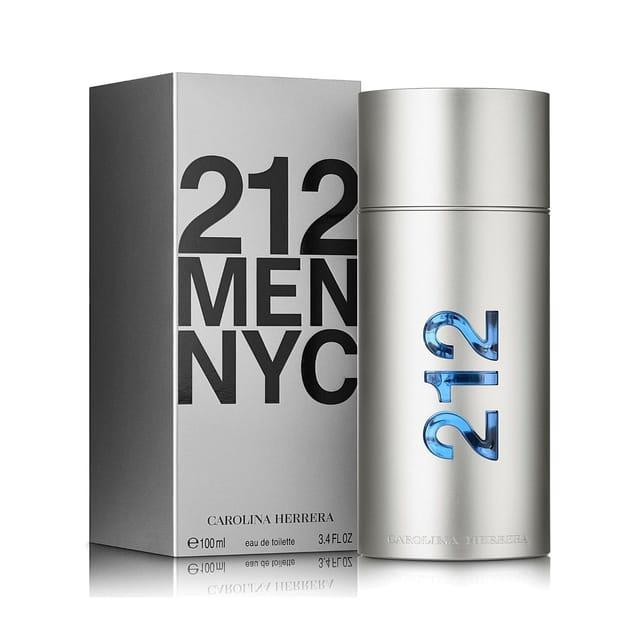 Carolina Herrera 212 Men NYC Eau De Toilette bottle with black cap and clear glass, 100ml size, on a neutral background.