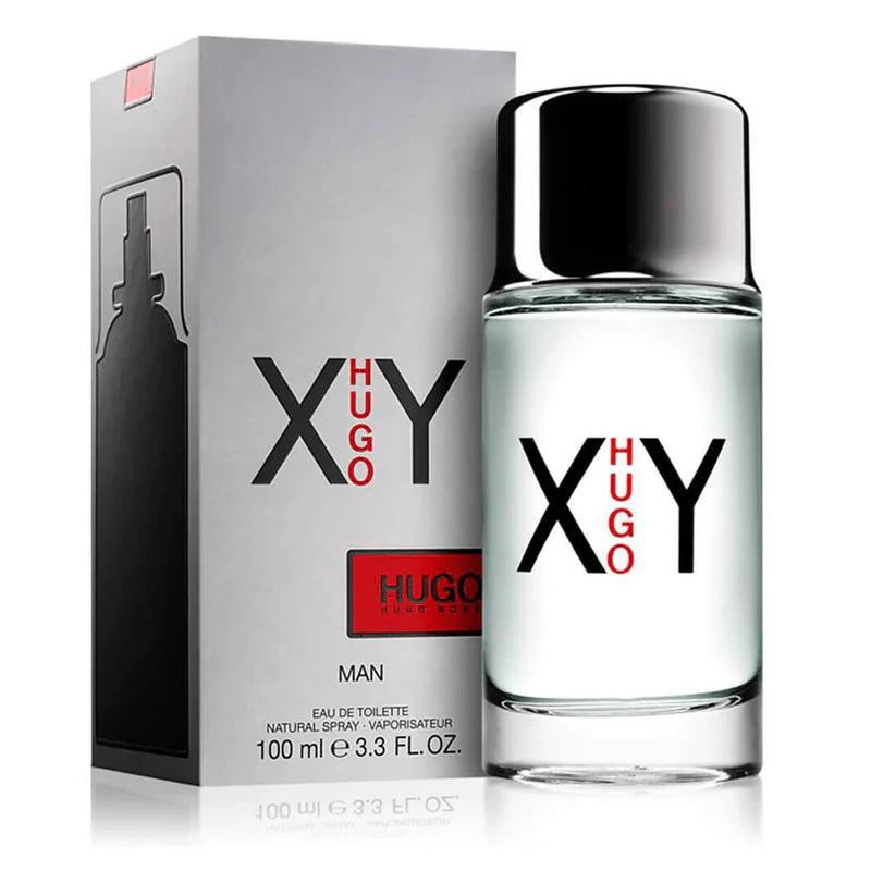 Bottle of Boss HUGO XY Eau De Toilette 100ml for men with transparent glass and silver cap, displayed on a neutral background.