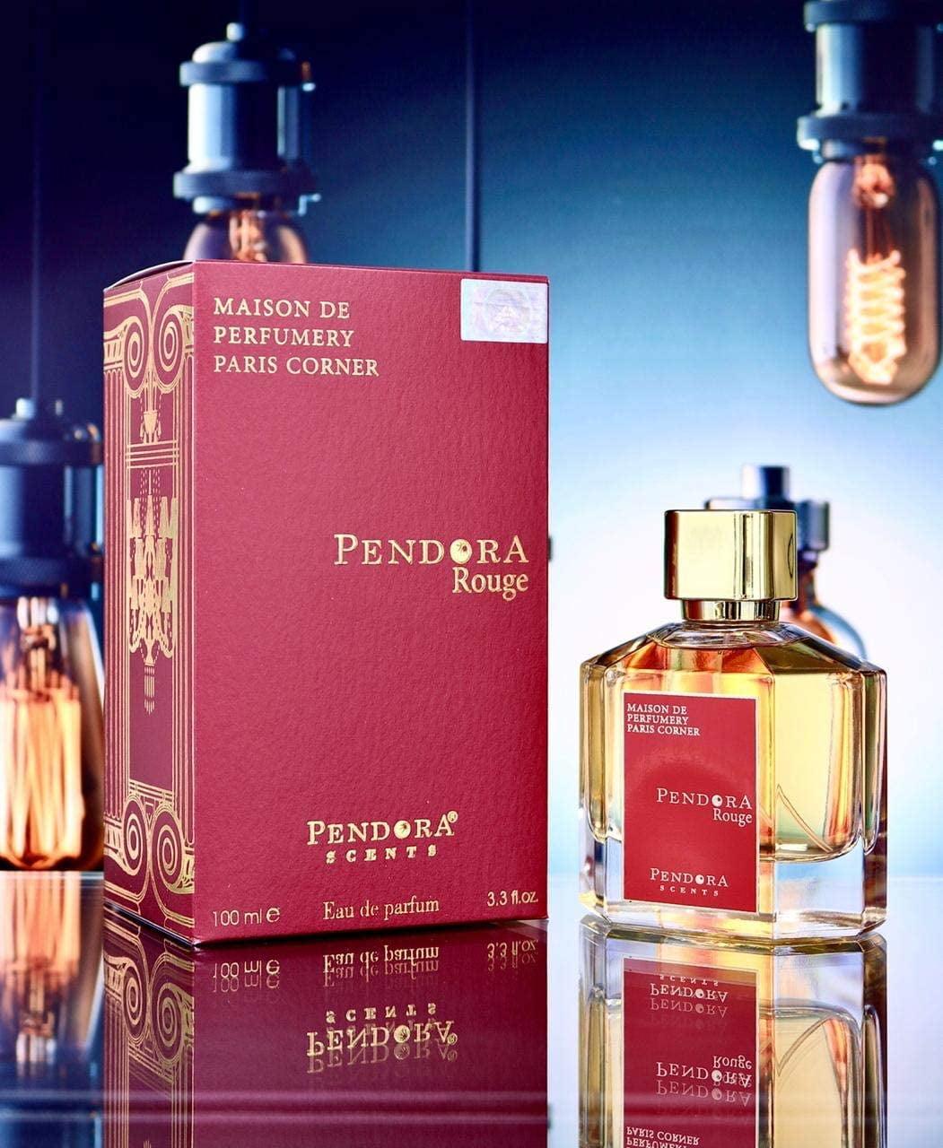 Bottle of Pendora Rouge Eau De Parfum for men and women, with a sleek glass design and red accents.