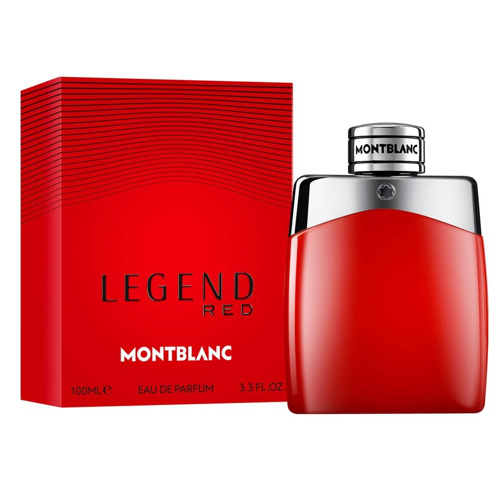 Montblanc Legend Red Eau De Parfum for Men, 100ML bottle with red and black branding, displayed on a neutral background.