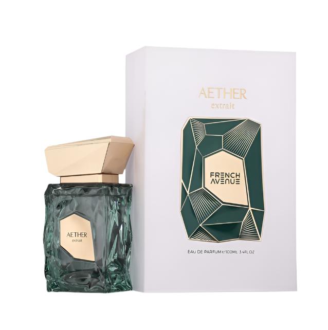 Fragrance World Aether Extrait Eau de Parfum for Men in 100ml bottle showcasing sleek glass design and minimalist label.