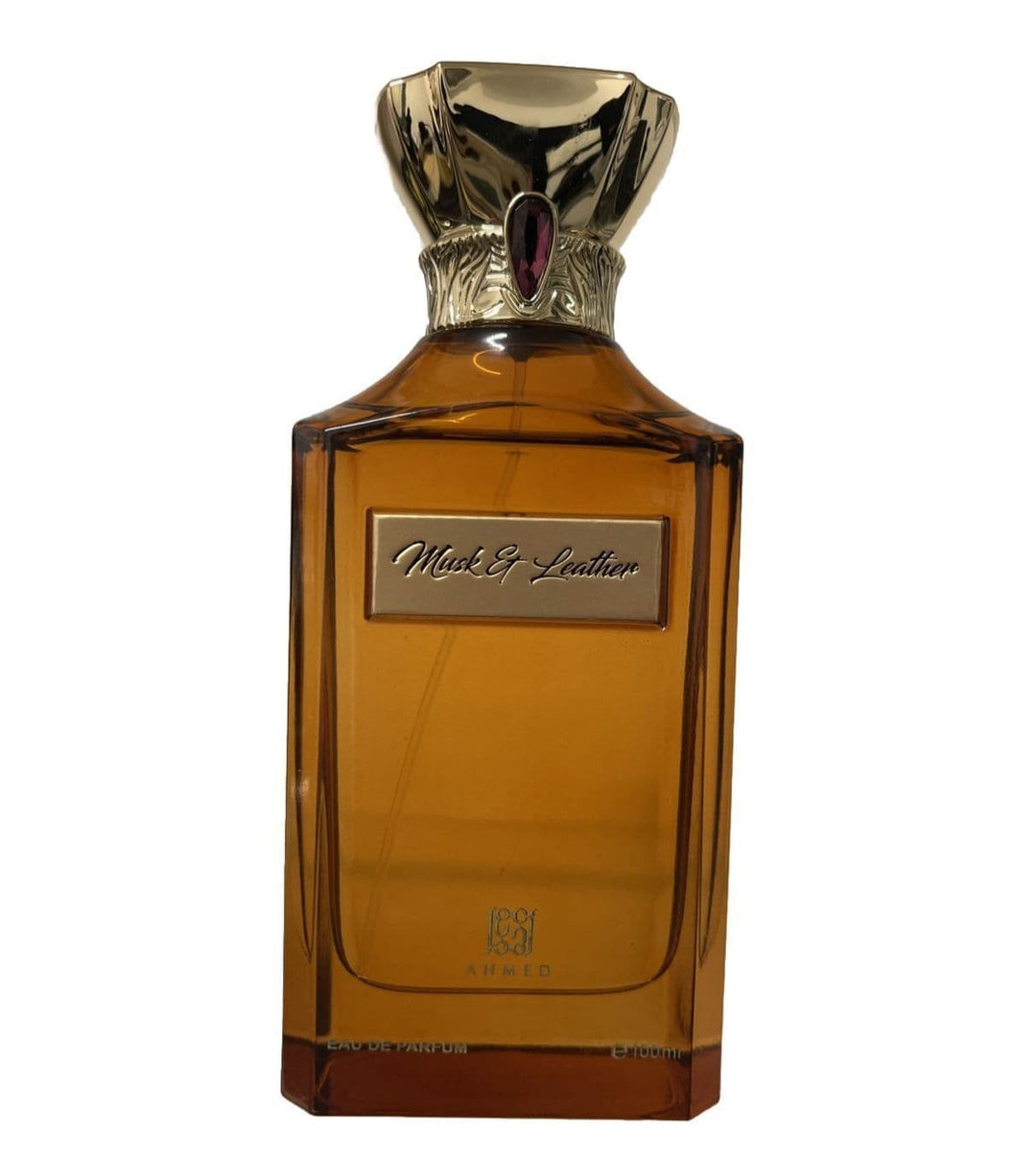 Ahmed Al Maghribi Musk & Leather Eau de Parfum 100ml for men and women, with elegant bottle design and fragrance details.