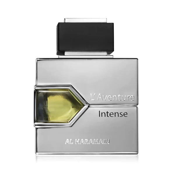 Al Haramain L’Aventure Intense Eau de Parfum for men, 100ml bottle with sleek design and dark fragrance liquid visible.