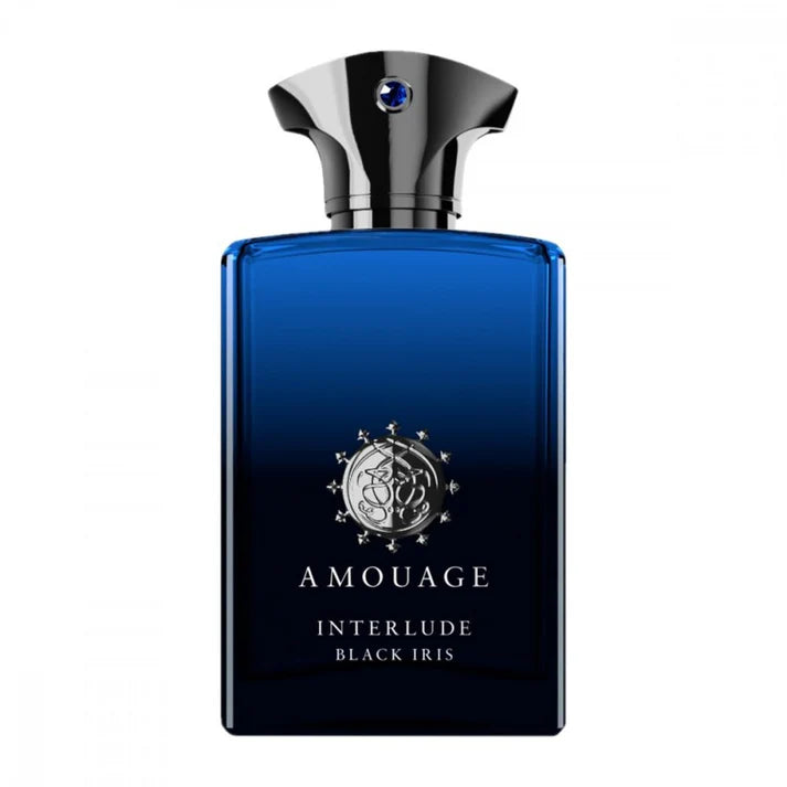 Amouage Interlude Black Iris Eau de Parfum 100ML bottle with dark design and elegant cap, showcasing luxury fragrance.
