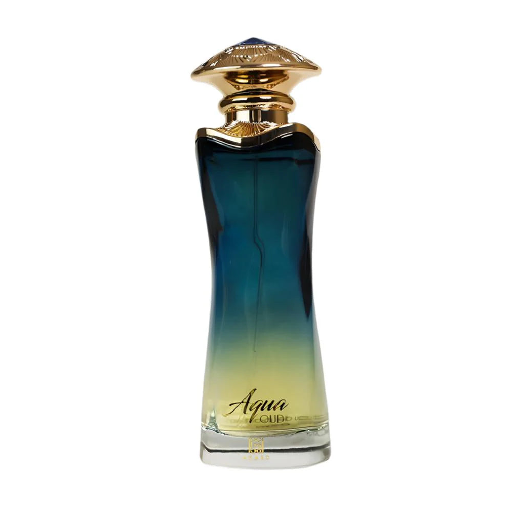 Ahmed Al Maghribi Aqua Oud Eau de Parfum 90ml for men, featuring a sleek bottle with a silver cap and blue accents.