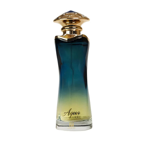 Ahmed Al Maghribi Aqua Oud Eau de Parfum 90ml for men, featuring a sleek bottle with a silver cap and blue accents.