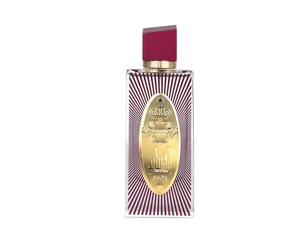 Arabiyat Prestige Ash'aa Mauve Eau De Parfum bottle for women, featuring a sleek mauve design and 110ml capacity.