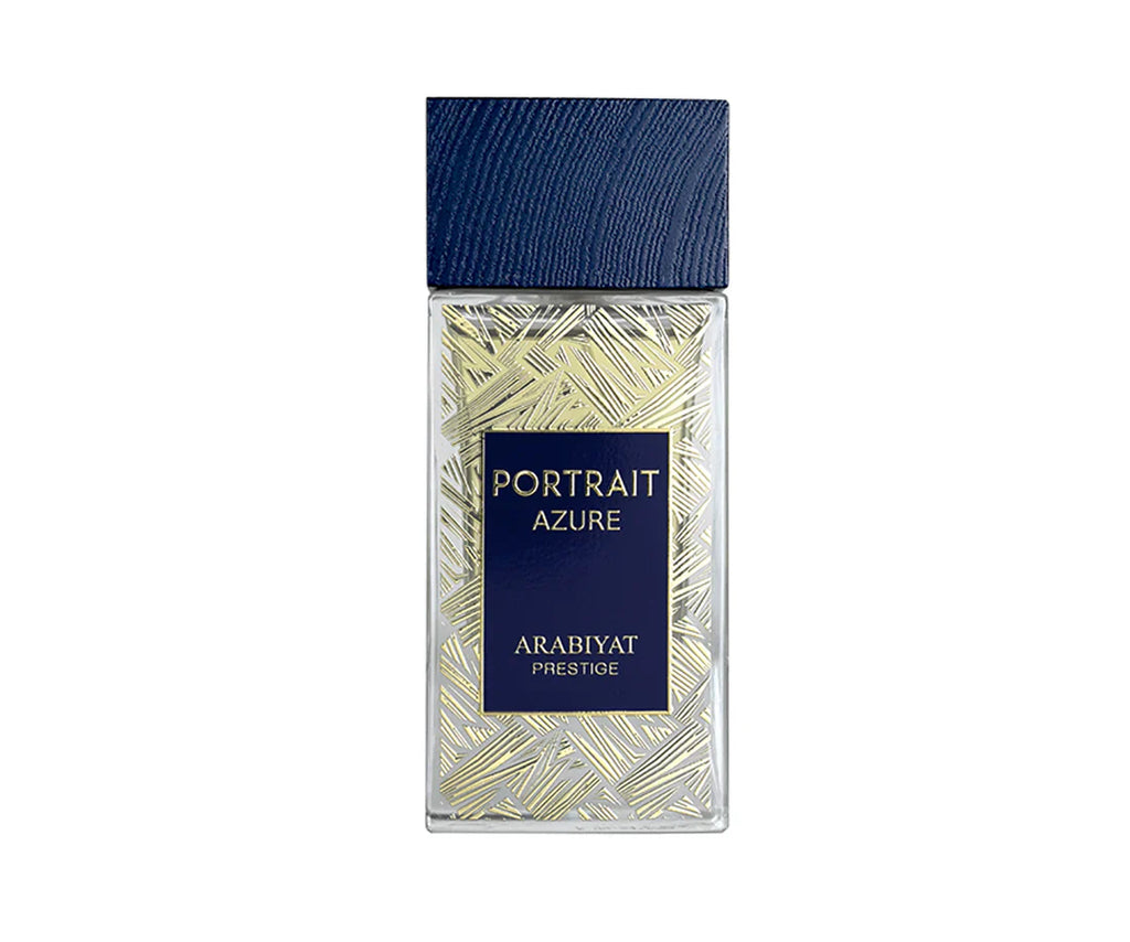 Arabiyat Prestige Portrait Azure Eau De Parfum bottle by Rini Deals, featuring a sleek blue design for men and women.