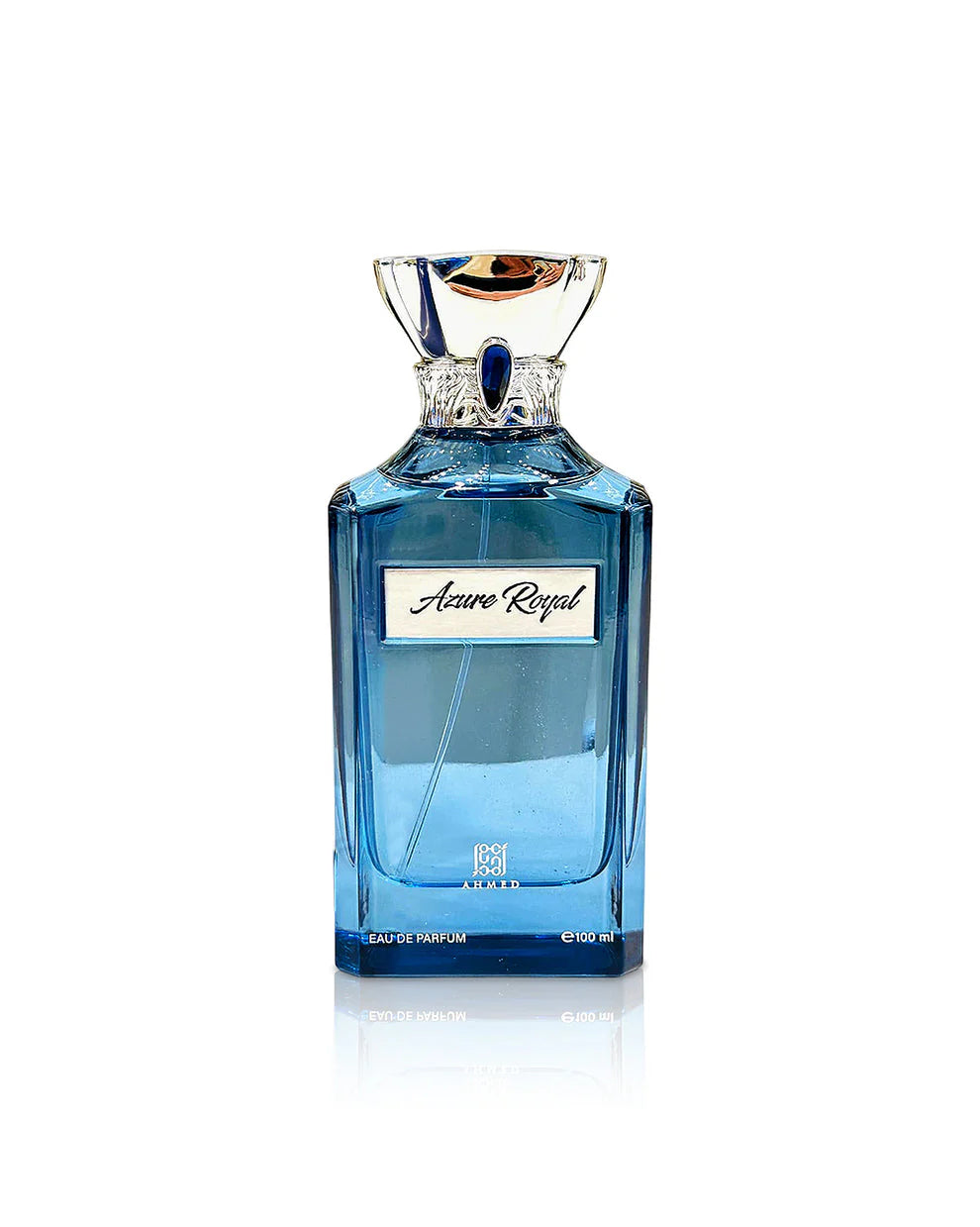 Ahmed Al Maghribi Azure Royal Eau de Parfum 100ml bottle for men and women, elegant glass design against white background.