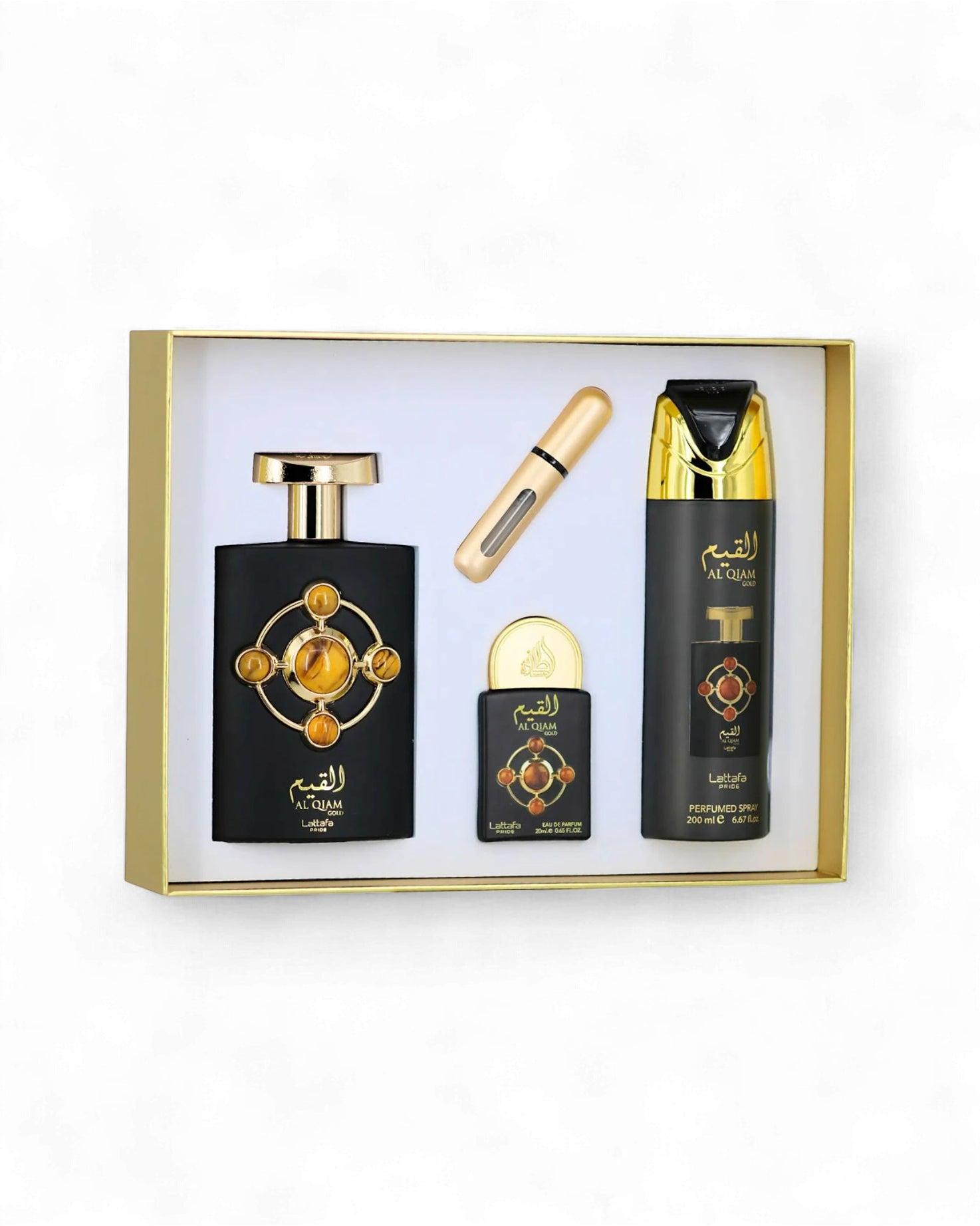 Gift Set Lattafa Pride Al Qiam Gold 320ml (100ml EDP + 20ml EDP + 200ml Deo) – Unisex