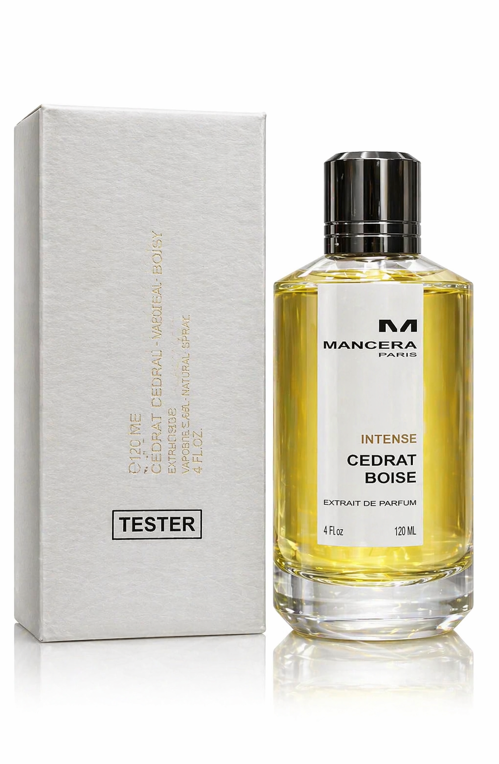 Unisex Mancera Intense Cedrat Boise Extrait de Parfum bottle with black cap and clear glass, 120ml size, elegant fragrance container.