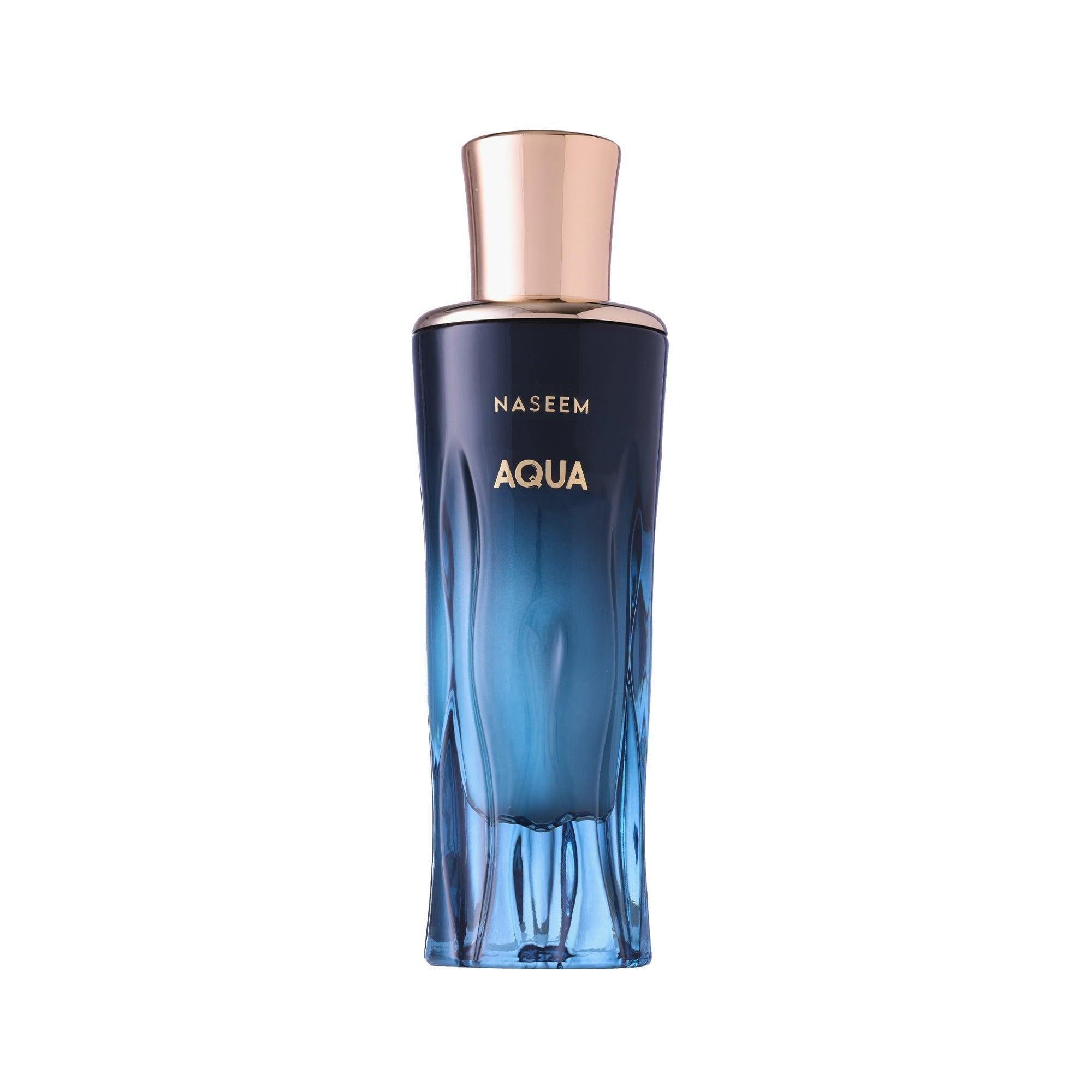 Naseem Aqua Parfum unisex bottle, 80ml, featuring a sleek design and transparent glass with a silver cap.