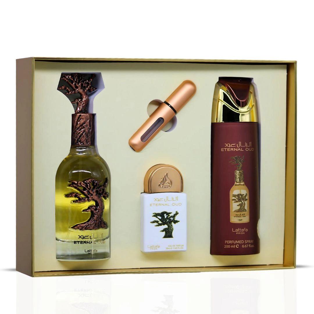 Gift Set Lattafa Pride Eternal Oud 320ml (100ml EDP + 20ml EDP + 200ml Deo) – Unisex