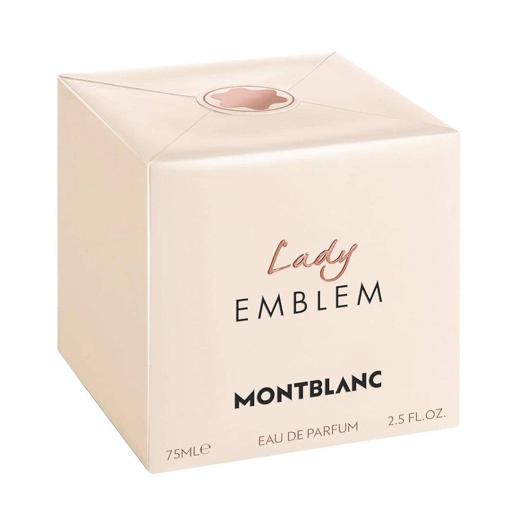 Montblanc Lady Emblem Eau De Parfum bottle, 75ml, elegant fragrance with a sleek glass design and gold accents.