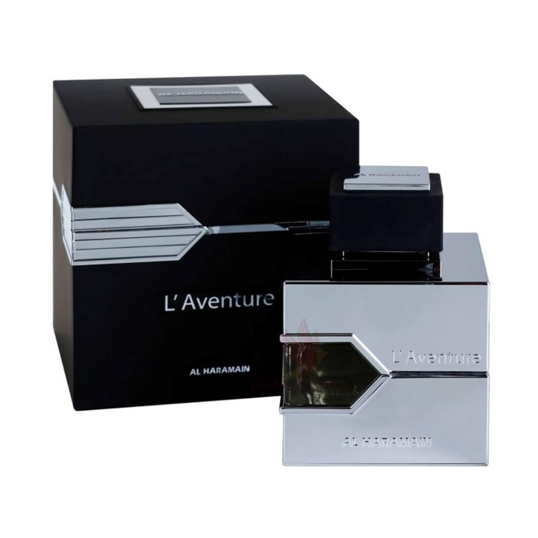Al Haramain L’Aventure Eau de Parfum for men, 100ml bottle with sleek design and gold accents, displayed on a neutral background.