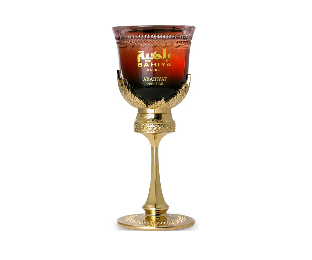 Arabiyat Prestige Bahiya Garnet Eau de Parfum 100ml for women in a sleek glass bottle with a deep garnet-colored cap.