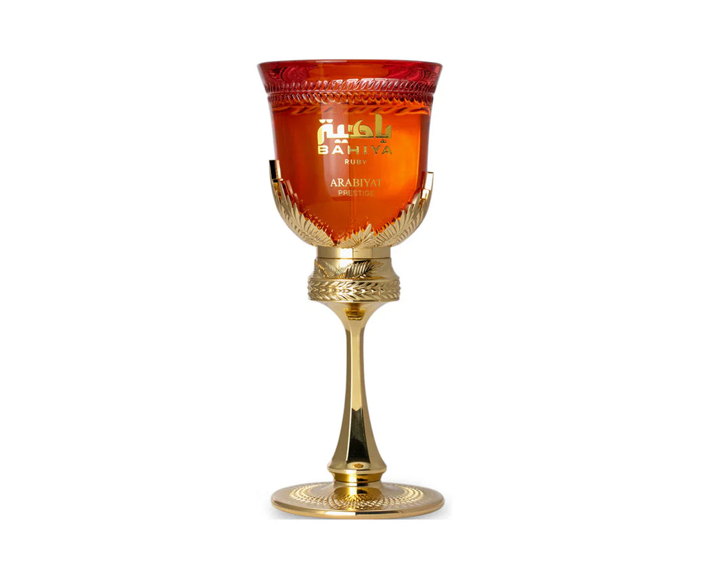 Arabiyat Prestige Bahiya Ruby Eau de Parfum 100ml for Women, elegant perfume box with gold accents and red packaging.