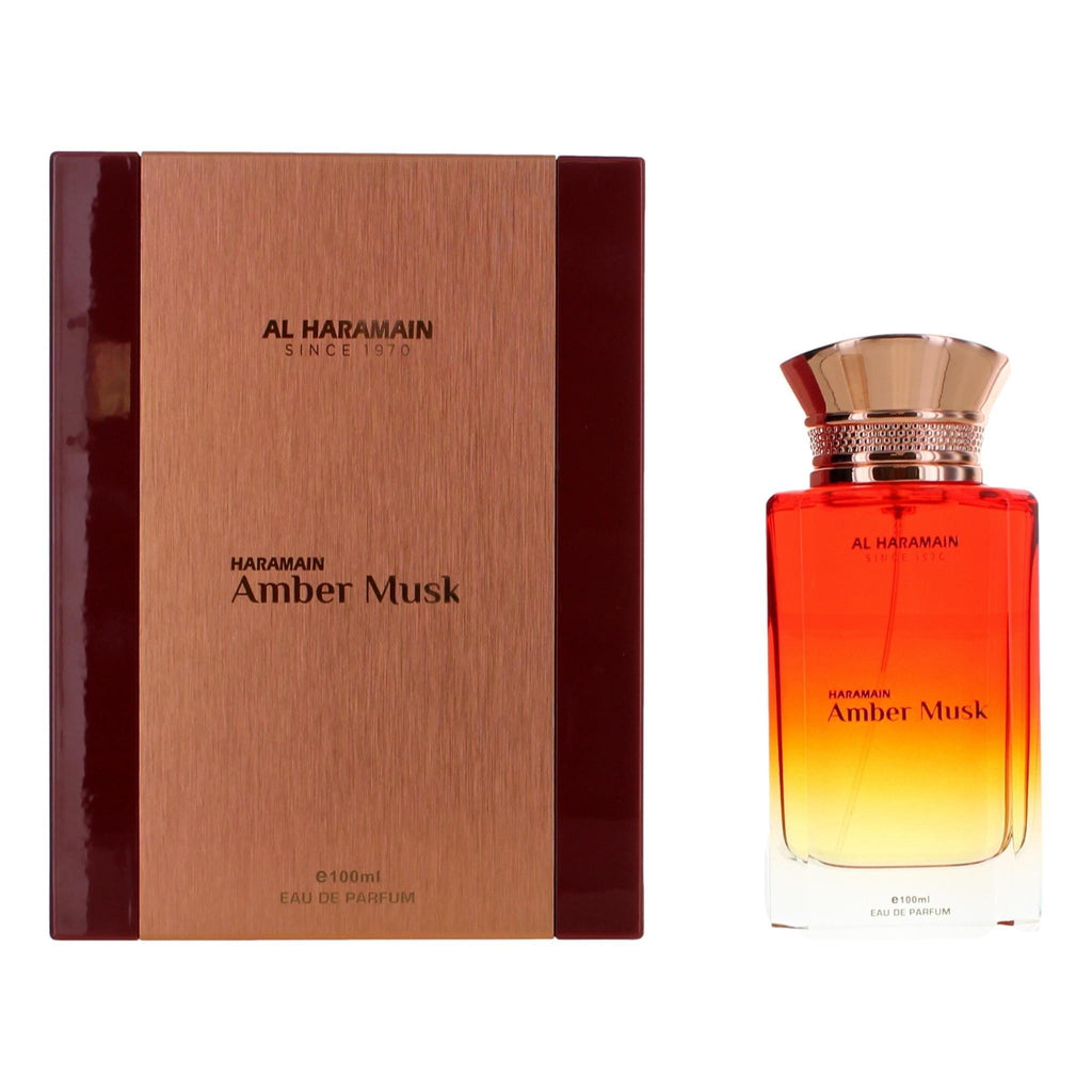 Al Haramain Amber Musk 100ml Eau de Parfum for men and women, showing the elegant bottle and packaging.