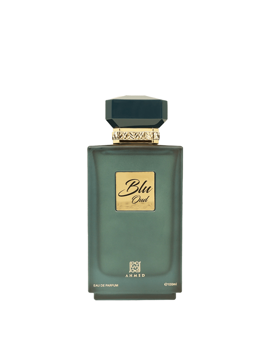 Ahmed Al Maghribi Blu Oud Eau de Parfum 100ml for men and women, featuring a dark glass bottle with a silver cap and blue accents.