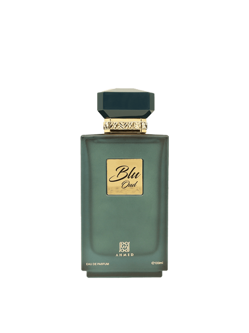 Ahmed Al Maghribi Blu Oud Eau de Parfum 100ml for men and women, featuring a dark glass bottle with a silver cap and blue accents.