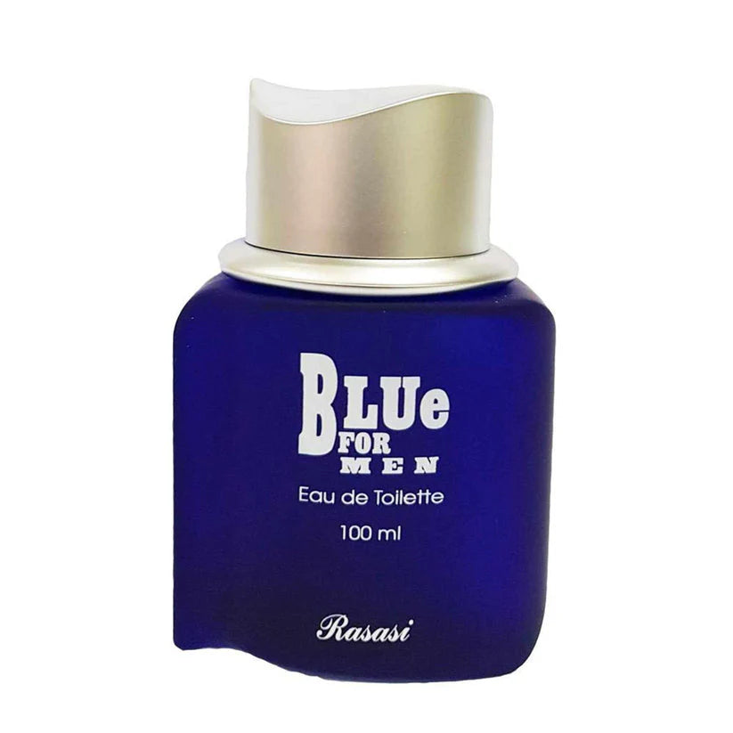 Rasasi Blue For Men Eau De Toilette 100ml bottle with blue and silver design, showcasing the men's fragrance packaging.