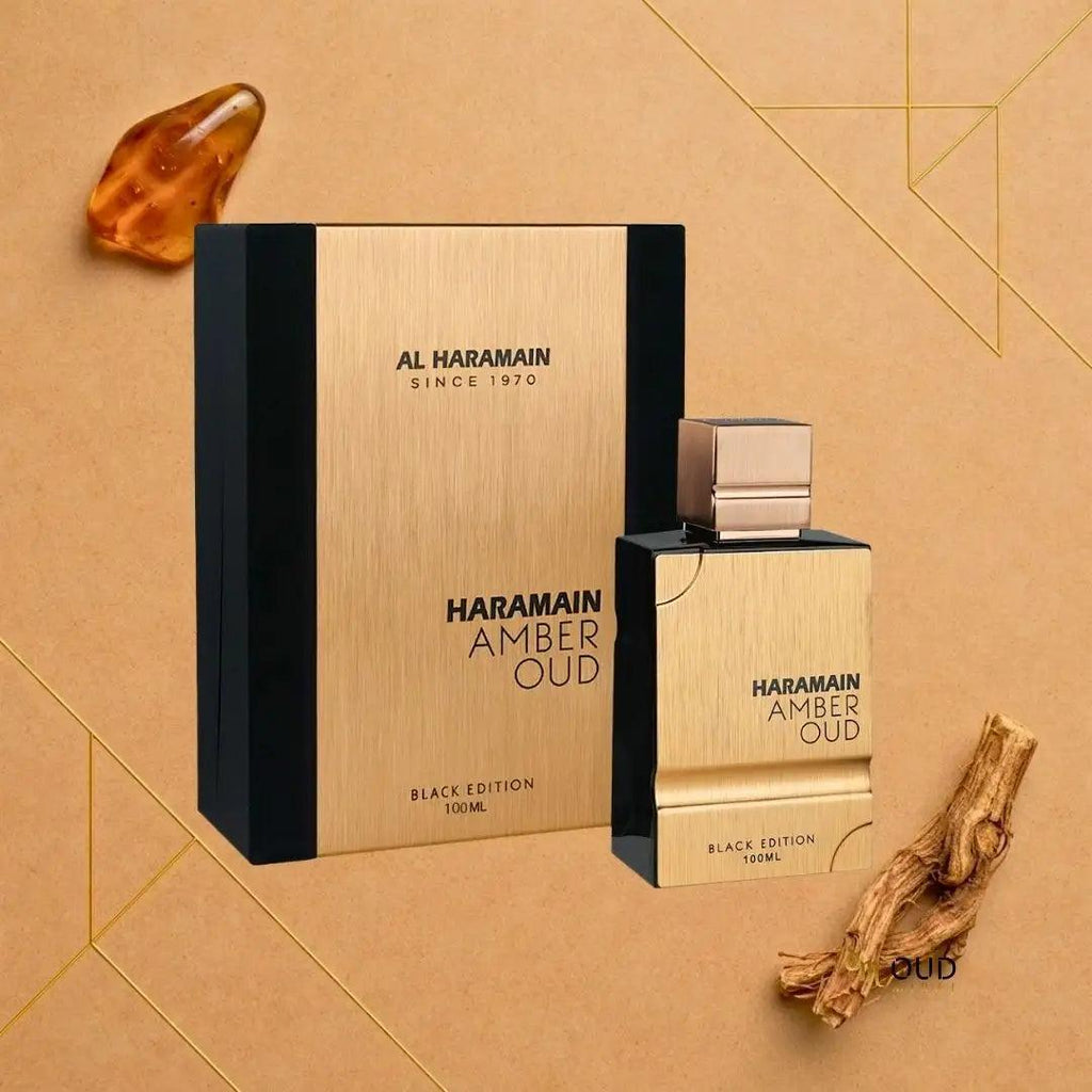 Al Haramain Amber Oud Black Edition Eau de Parfum for men and women, 100ml, featuring a dark, elegant bottle with amber accents.