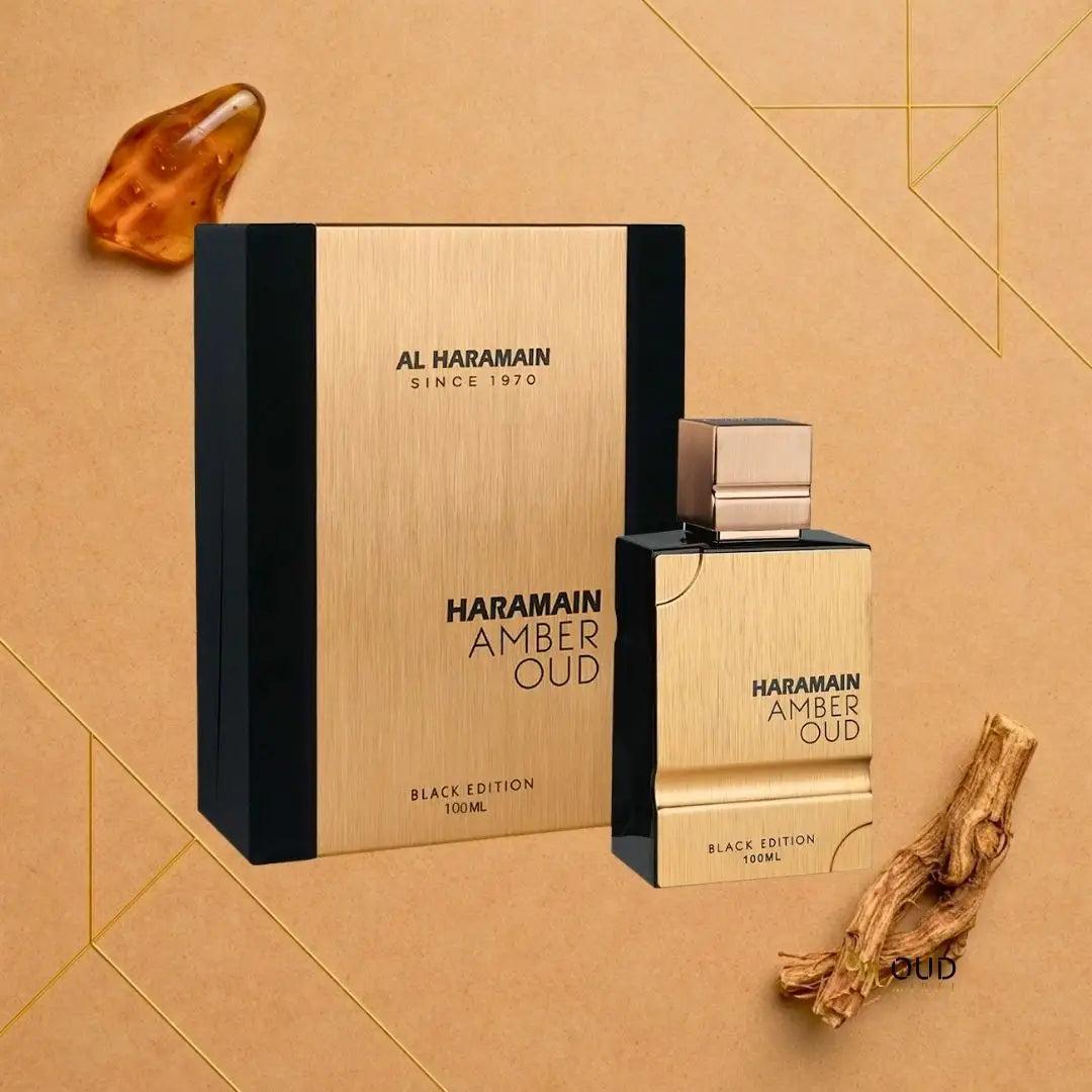 Al Haramain Amber Oud Black Edition Eau de Parfum for men and women, 100ml, featuring a dark, elegant bottle with amber accents.
