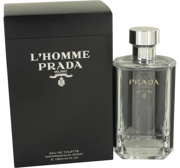 Prada L’Homme Eau De Toilette perfume bottle for men, sleek design with silver cap and minimalist label.