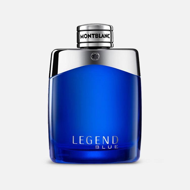 Montblanc Legend Blue Eau De Parfum for Men bottle, sleek blue glass with silver cap, 50ML size, on a neutral background.