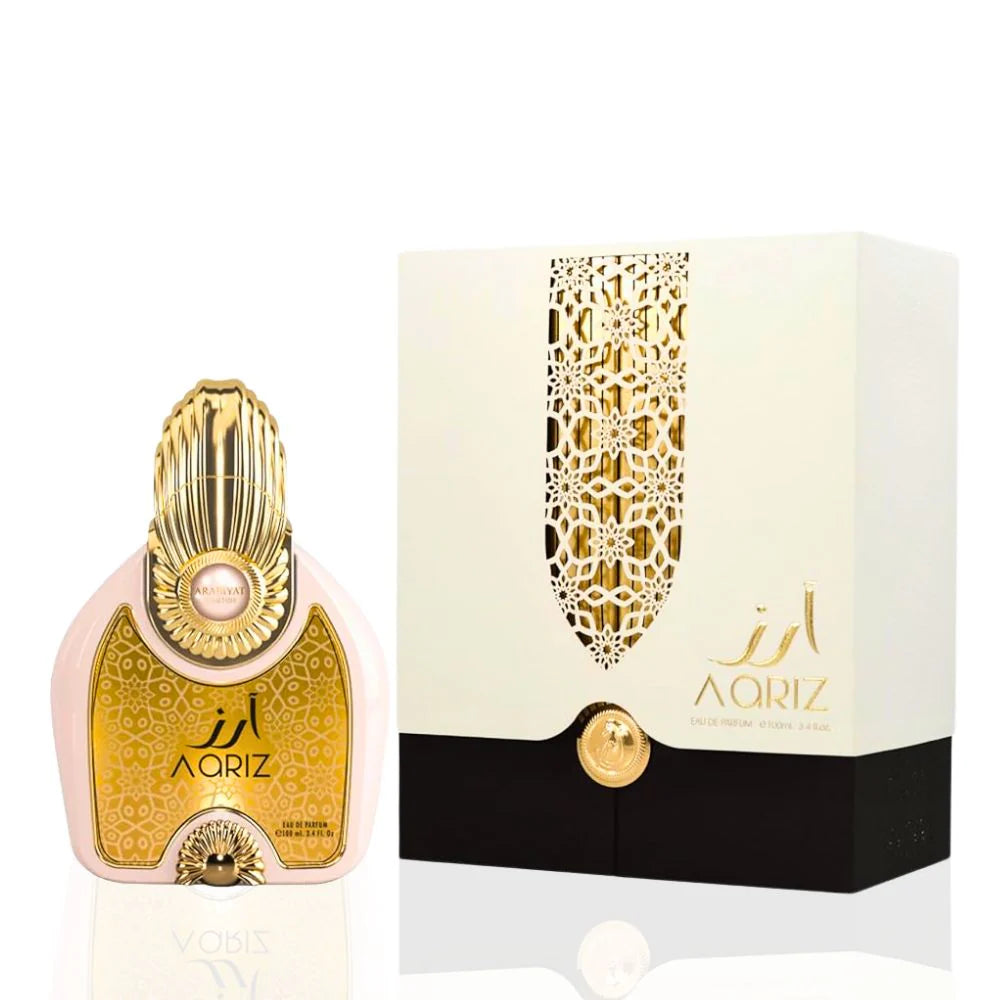 Arabiyat Prestige Aariz Eau De Parfum 100ml bottle for men and women, elegant fragrance with sleek glass design.